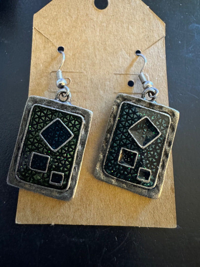 Rectangle green silver w/black accent dangle earrings