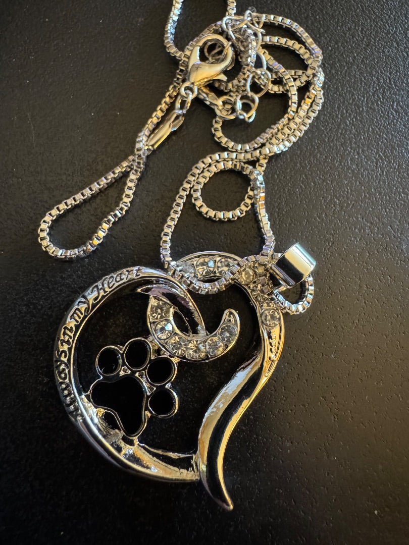 Dog paw "always in my heart" silvertone necklace
