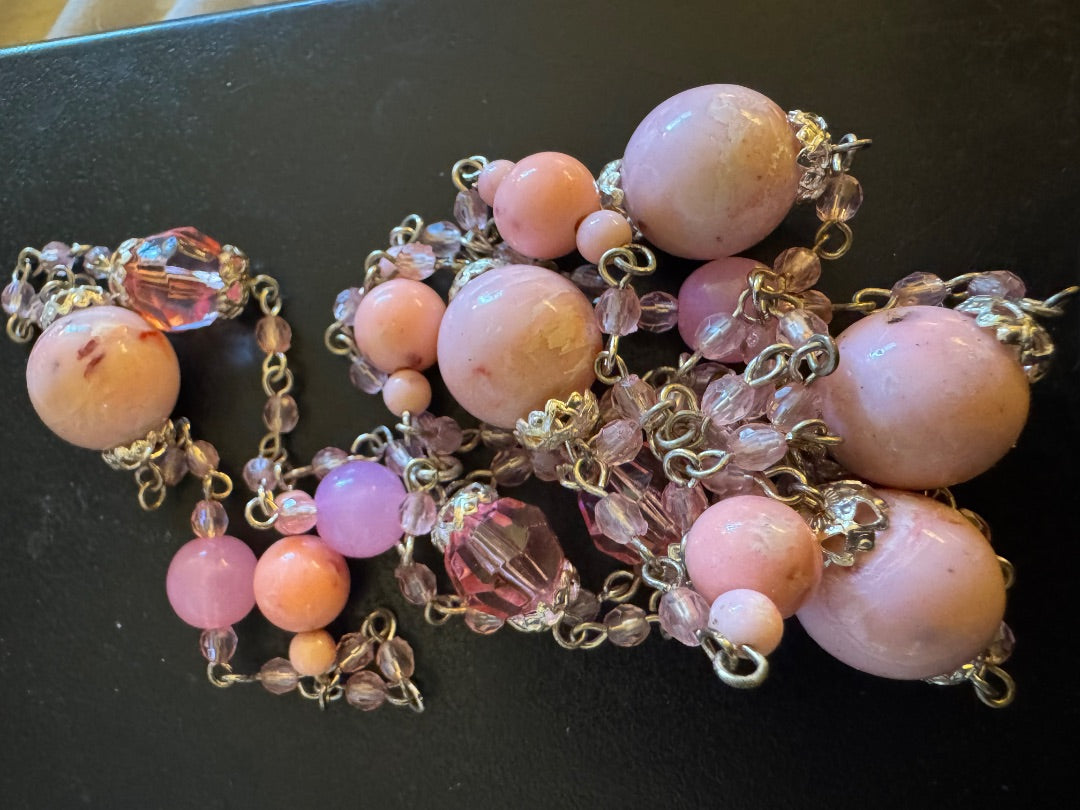 Pink long necklace silver tone