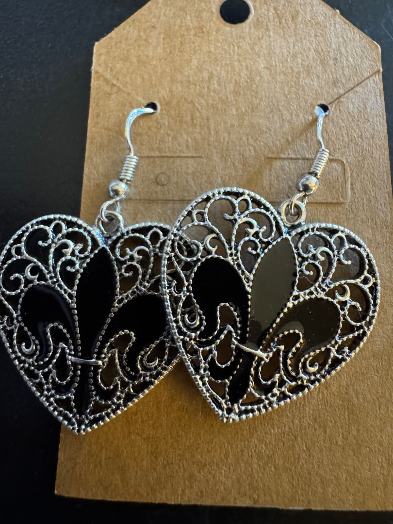 Black fleur-de-lis silver tone dangle earrings
