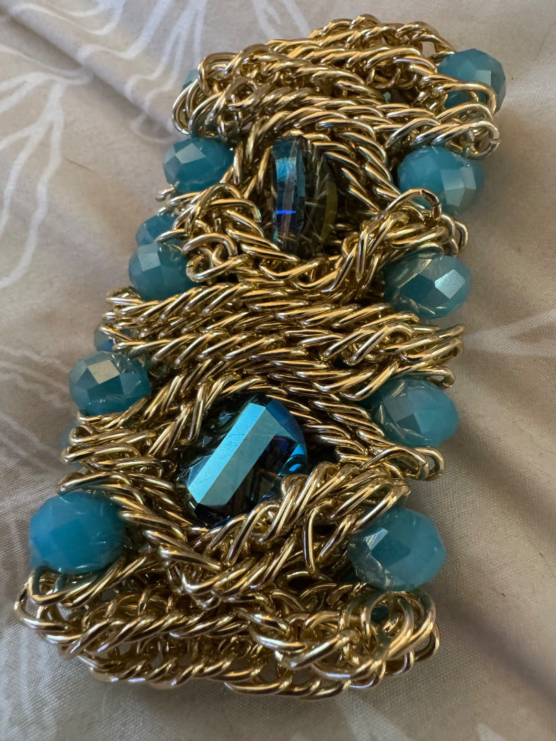 Wide aqua gold tone chain stretchy bracelet