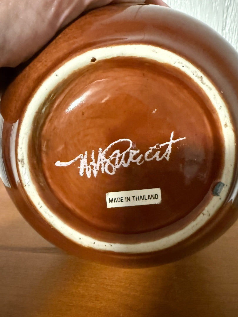 Brown Vintage Barbotine Floral Vase, 6 1/4” tall, 5 1/2” wide