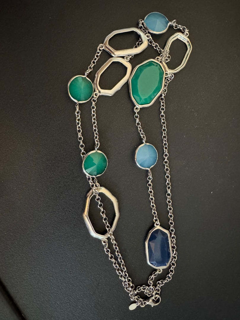Green Blue silver tone long chain necklace