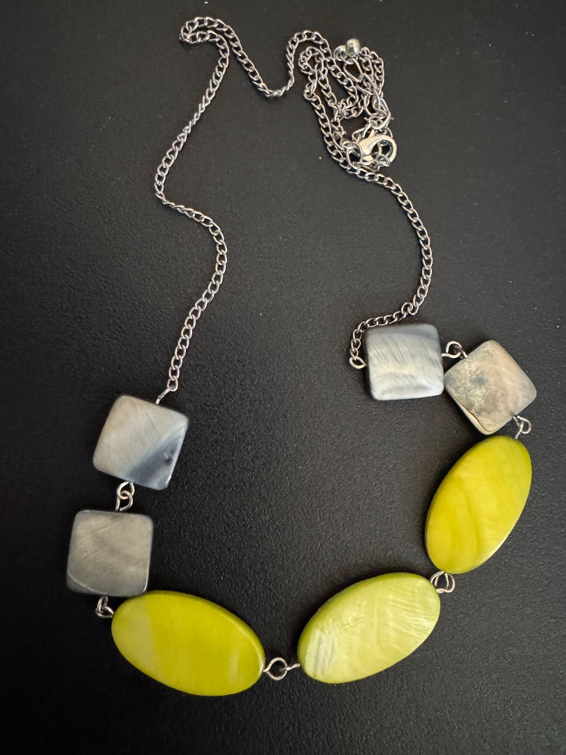 Lime green gray silver tone necklace