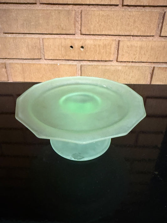 Green Frosted Uranium Glass Small Pedestal Plate, 2 1/4” tall, 5 1/2” across