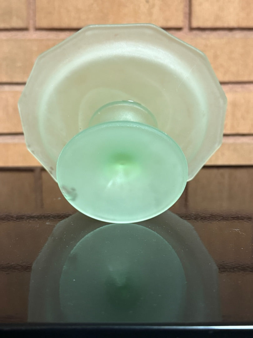 Green Frosted Uranium Glass Small Pedestal Plate, 2 1/4” tall, 5 1/2” across
