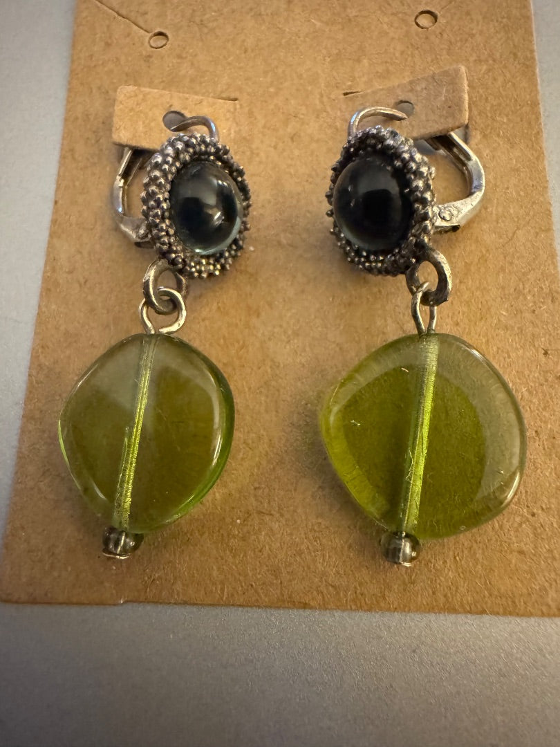 Blue and green silver tone dangle earrings