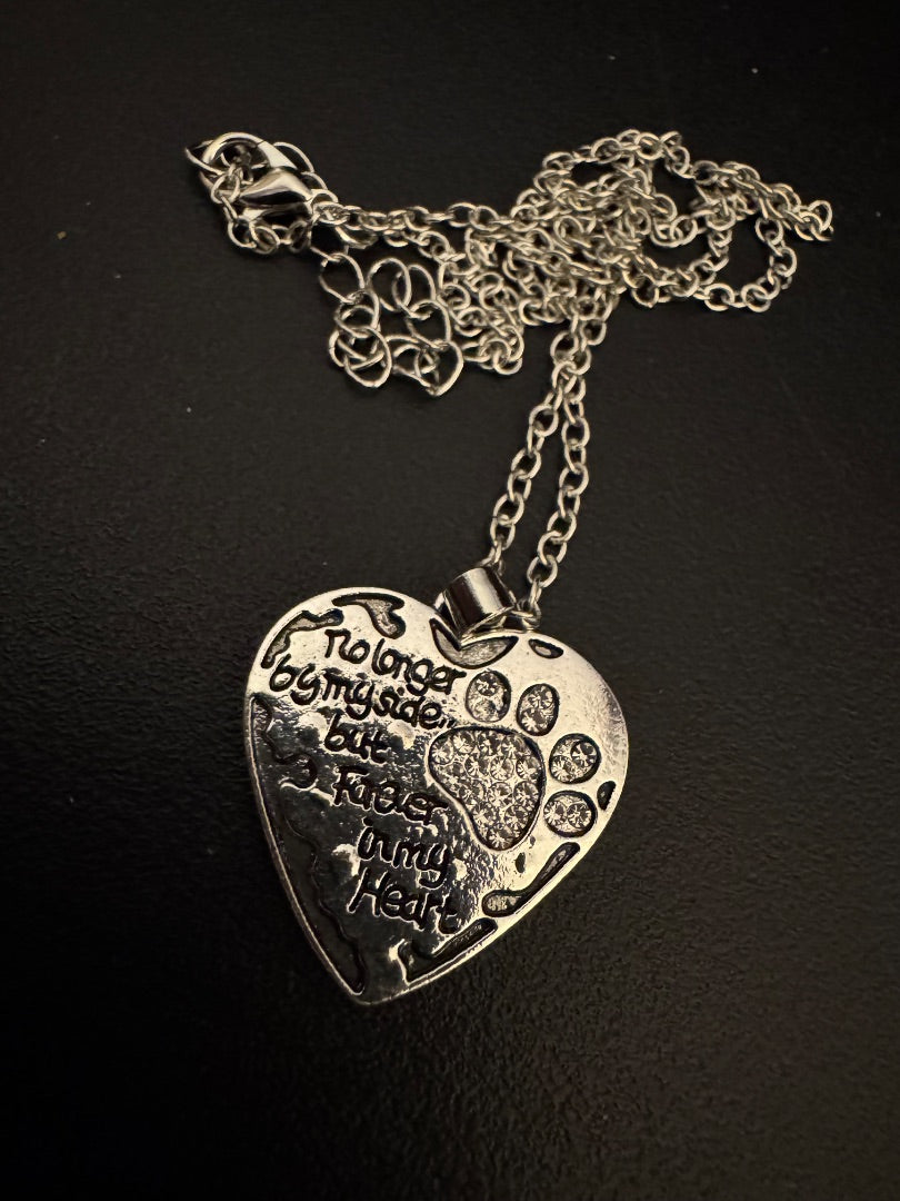 "No longer by my side but forever in my heart" animal print silvertone necklace