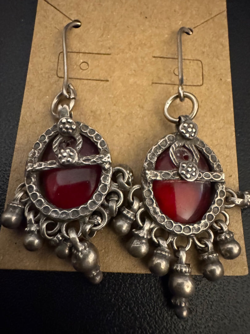 Red silvertone hammered drop earrings