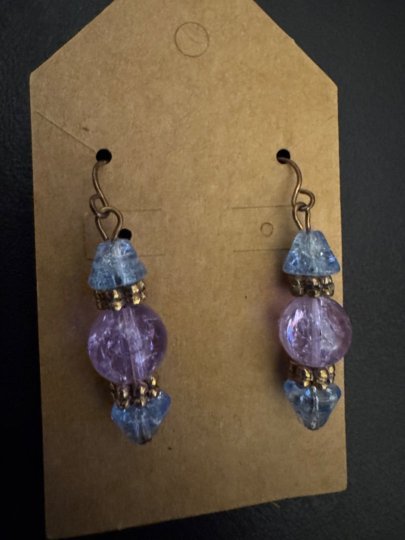 Blue Pink bead dangle earrings