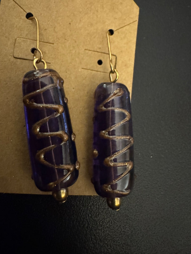 Purple & gold rectangle bead dangle earrings