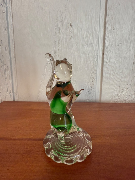 Clear and green Art Glass Squirrel, About 4” tall, almost 3” across