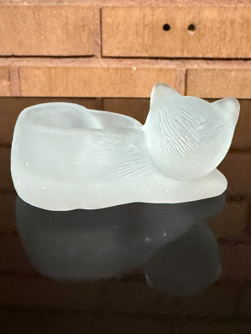 Frosted clear Emson Frosted Glass Cat Candle Holder, 2 1/4” tall, 4 1/4” across