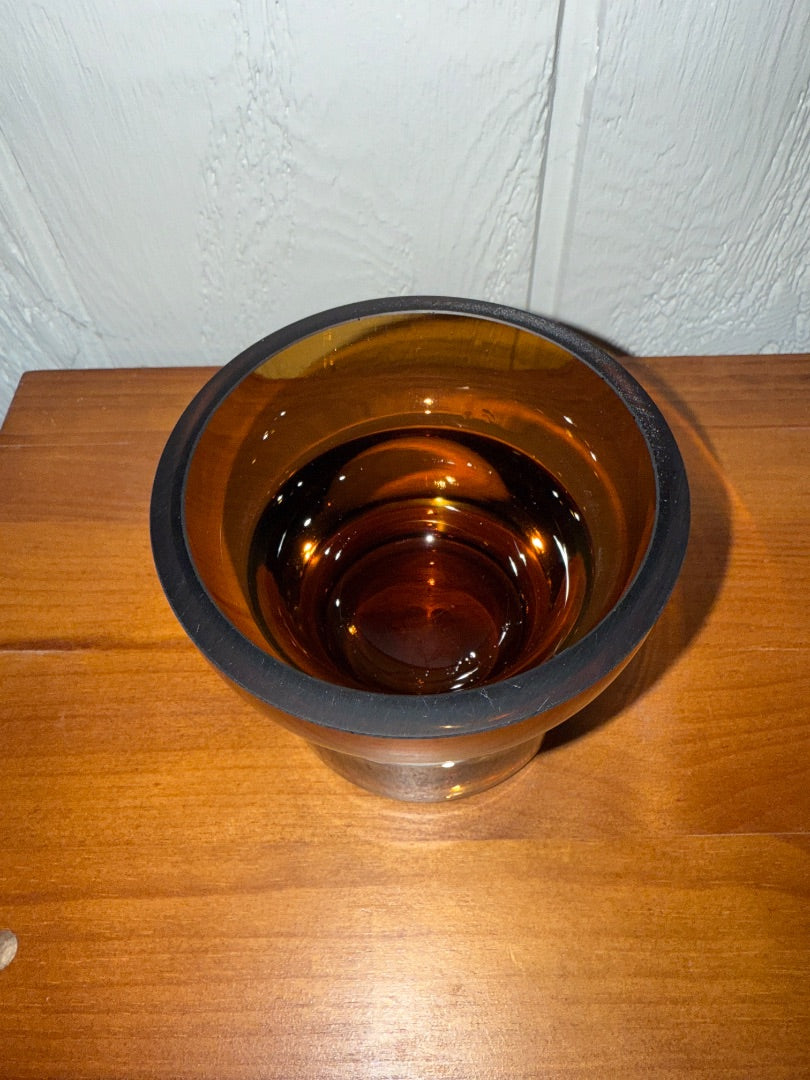 Amber/brown Krosno Candle Holder, 3 1/2” tall, 4” across the top, 3” across the base