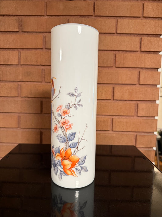 White Vintage Hand Painted Love Birds Glass Vase, 12 1/2” tall, 4” wide