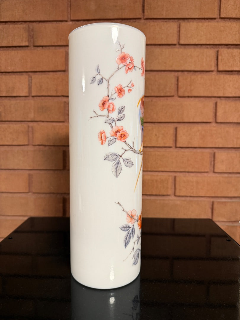 White Vintage Hand Painted Love Birds Glass Vase, 12 1/2” tall, 4” wide