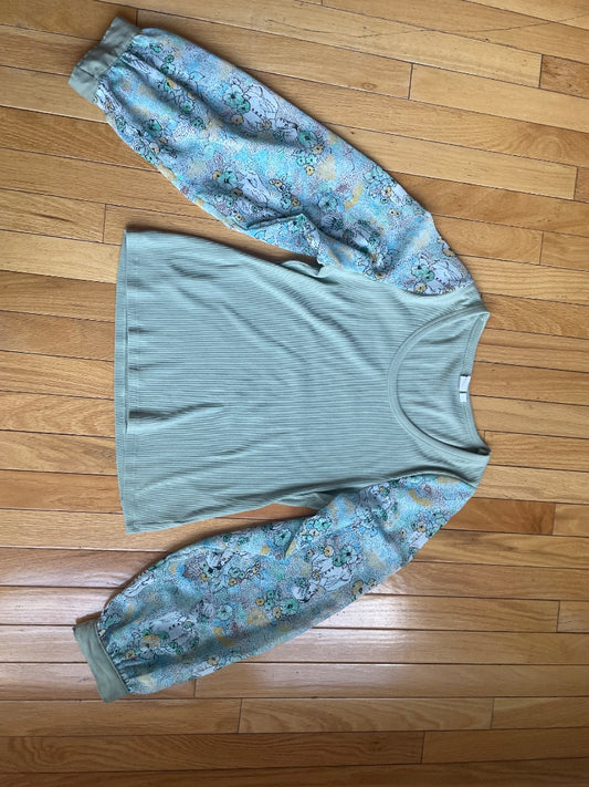 Upcycled green shirt with lady novelty print sleeves