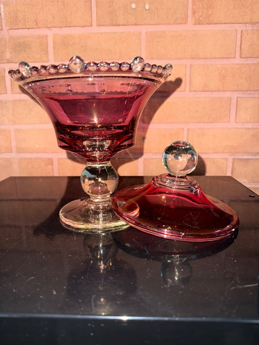 Cranberry Glass Candy Dish, 9 1/2” tall