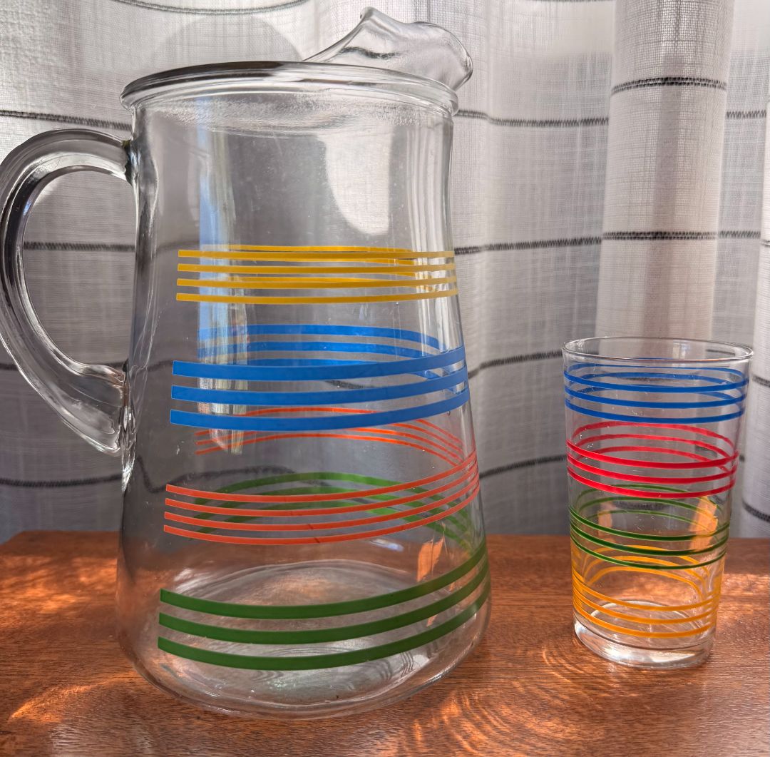 Vintage Striped Pitcher and Glass Set