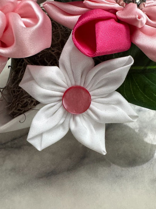 Light pink, hot pink and white Upcycled hand made flower bouquets, 4 1/2" high X 7" wide