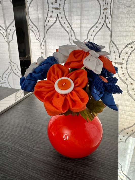 White, orange and blue Upcycled hand made flower bouquets, 7 1/2" high x 7" wide