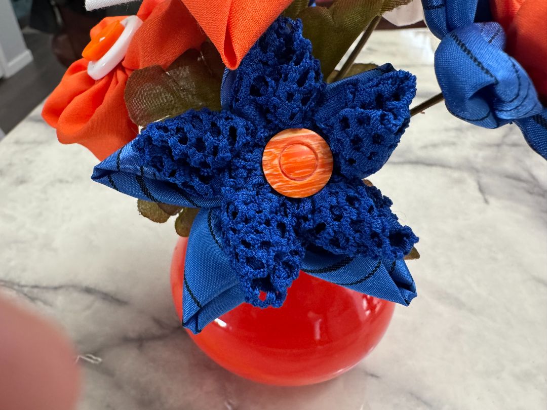 White, orange and blue Upcycled hand made flower bouquets, 7 1/2" high x 7" wide