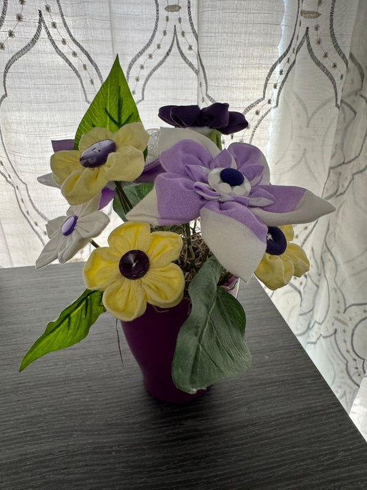 Purple, white and yellow Hand made floral bouquet, 8" high x 7" wide