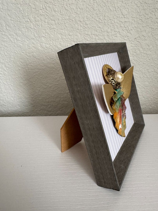 Gray, purple, gold, green and maroon Upcycled Guardian Angel, 5 1/2" high x 5 1/2" wide