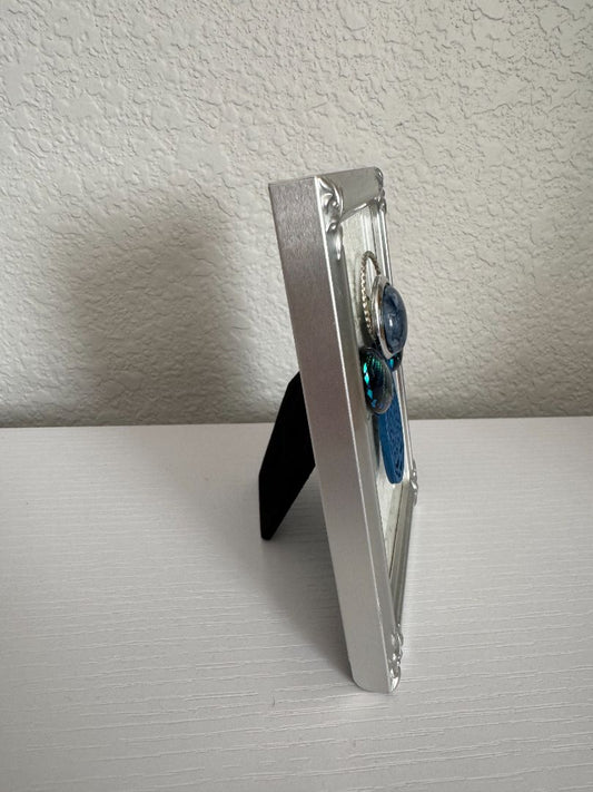 Silver, white, blue and green Upcycled Guardian Angel, 5 1/4" high x 4" wide
