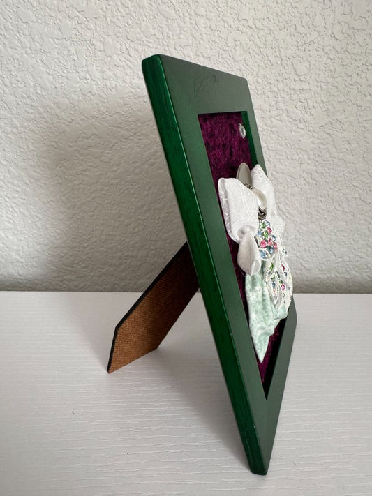 Green, purple, white, silver and pink Upcycled Guardian Angel, 7 1/2" high x 5 1/2" wide
