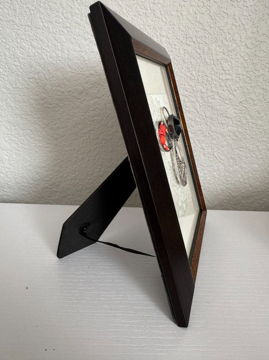 Silver, black, coral and white Upcycled Guardian Angel, 8 1/2" high x 6 1/2" wide