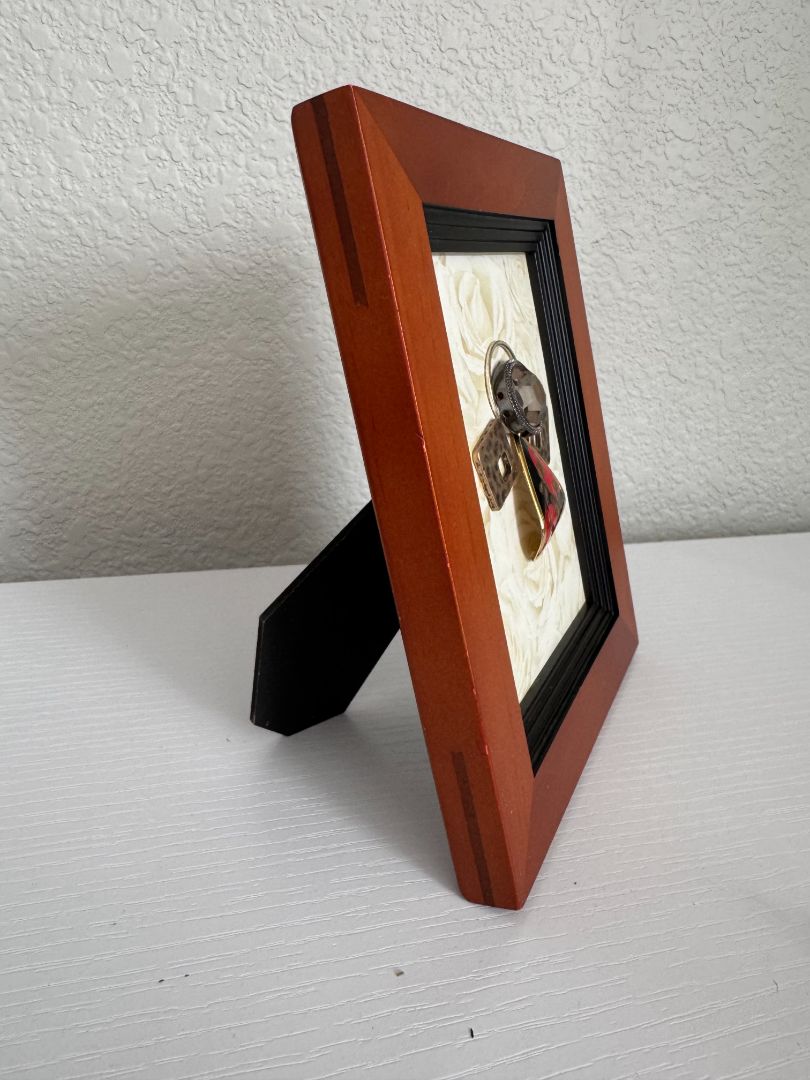 Brown, black, gold, red, silver and off white Upcycled Guardian Angel, 7" high x 5 1/2" wide