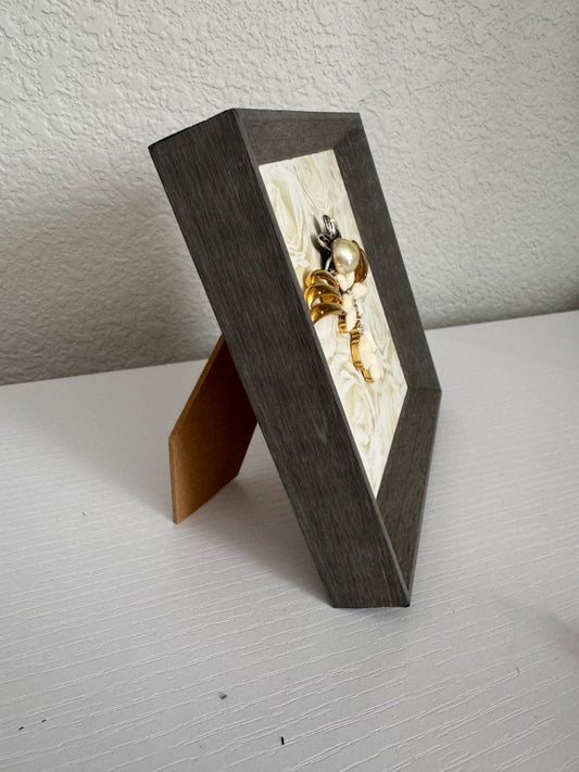 Gray, off white, silver and gold Upcycled Guardian Angel, 5 1/2" high x 5 1/2" wide