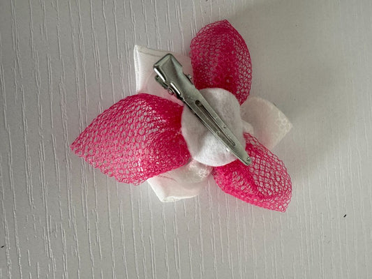 Pink, white and silver Upcycled Flower Hair Clip, 3 1/2"