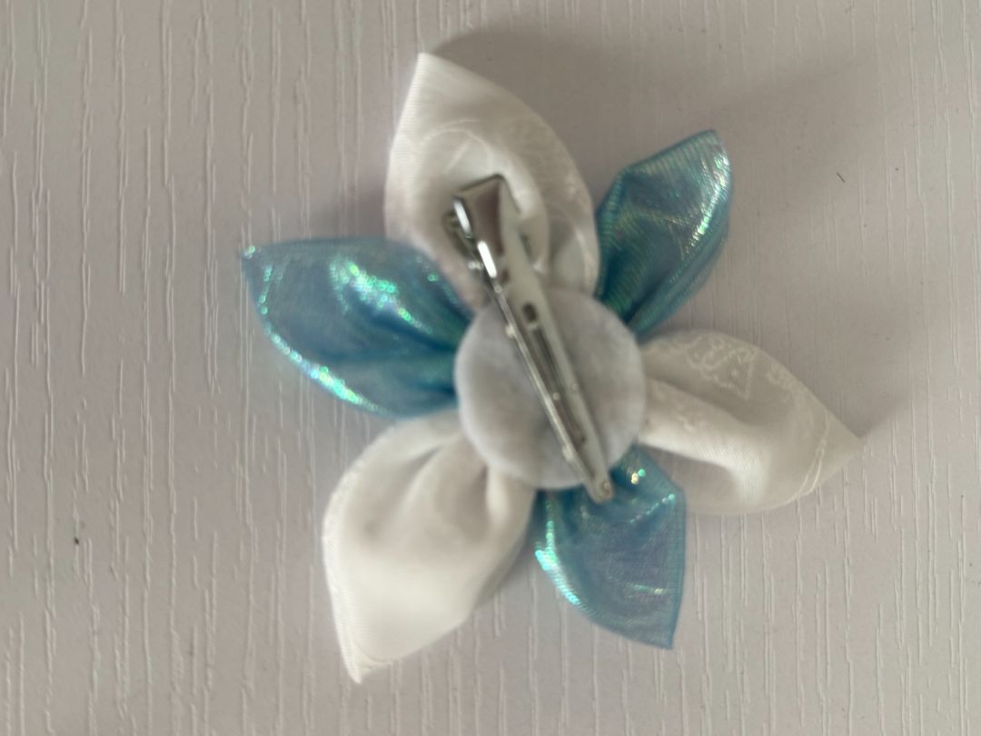 White, light aqua and gold Upcycled Flower Hair Clip, 3 3/4"