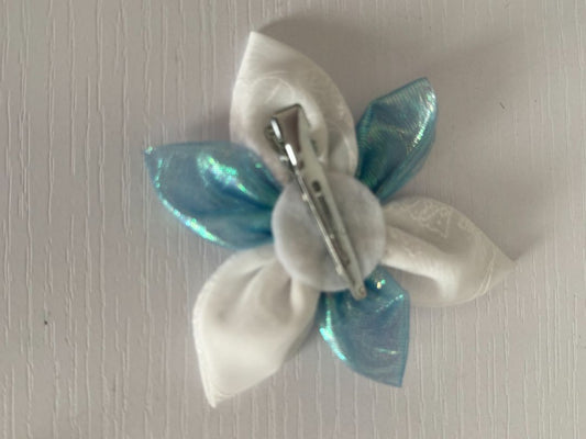White, light aqua and gold Upcycled Flower Hair Clip, 3 3/4"