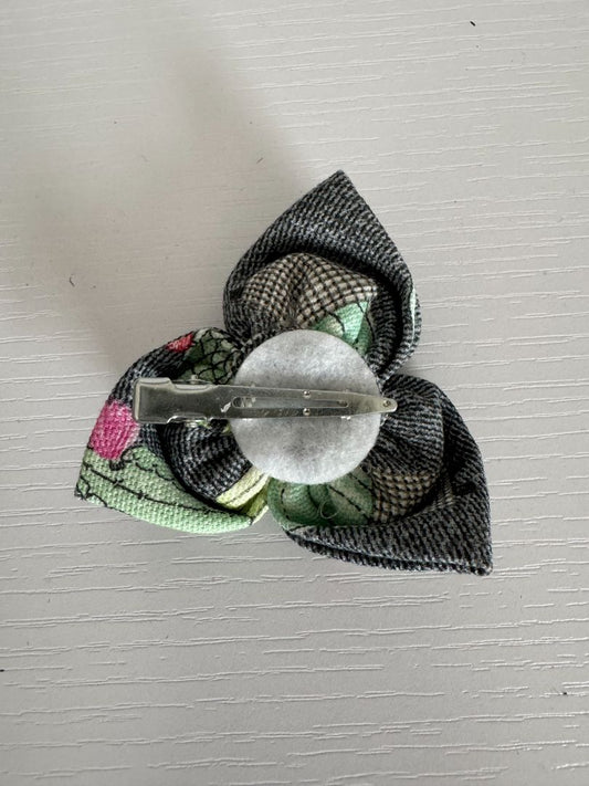 Gray, lime green, white and coral Upcycled Flower Hair Clip, 2 3/4"