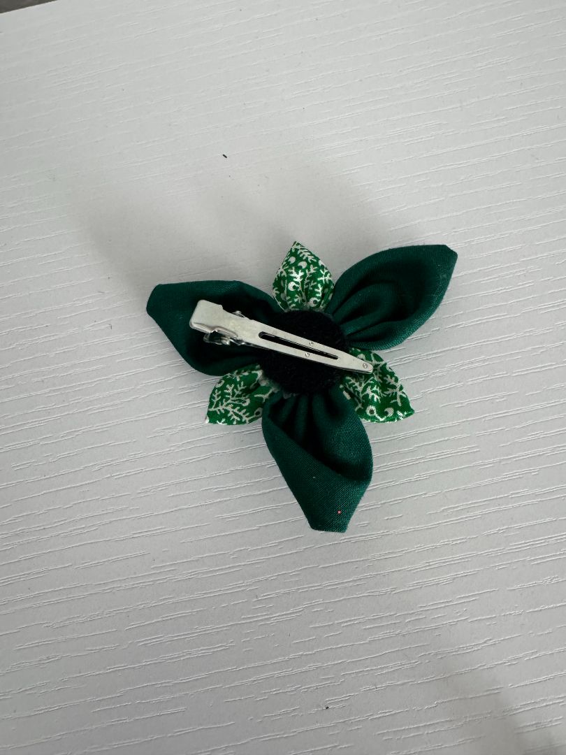 Green and white Upcycled Flower Hair Clip, 3"