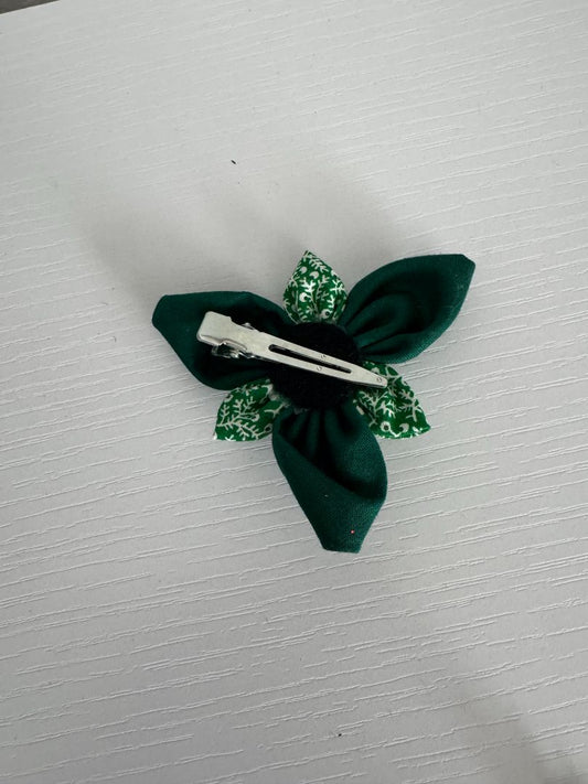 Green and white Upcycled Flower Hair Clip, 3"