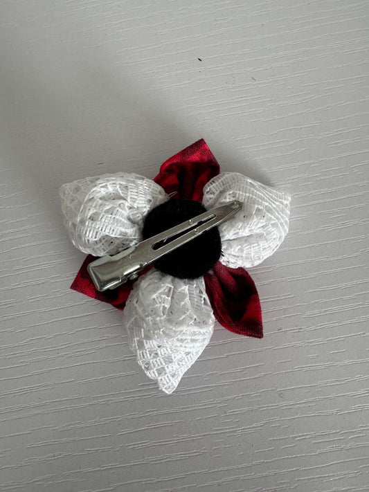 Maroon, white and green Upcycled Flower Hair Clip, 2 1/2"