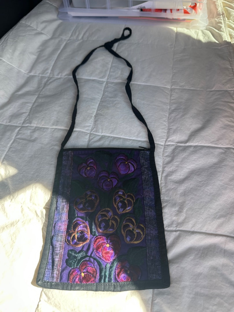 Embroidered Crossbody purse, cotton, multi flowered design