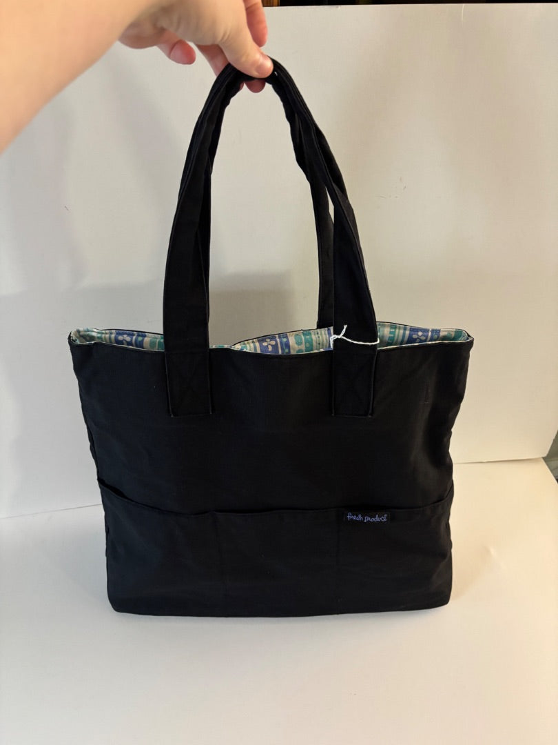 Bag - Fresh Produce Black Tote Bag Shoulder Shopper Blue Green Striped Lining Pockets
