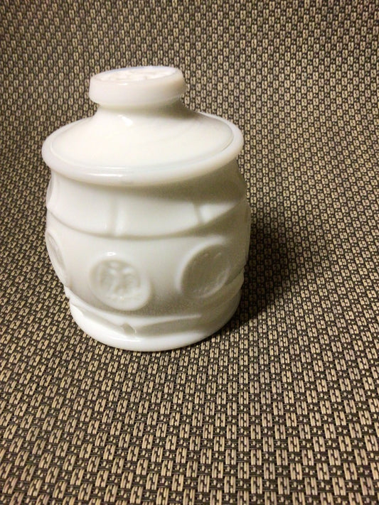 white Wheaton Wheaton lidded coin dot jar, 4.75”