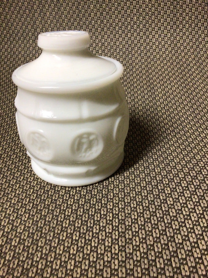 white Wheaton Wheaton lidded coin dot jar, 4.75”