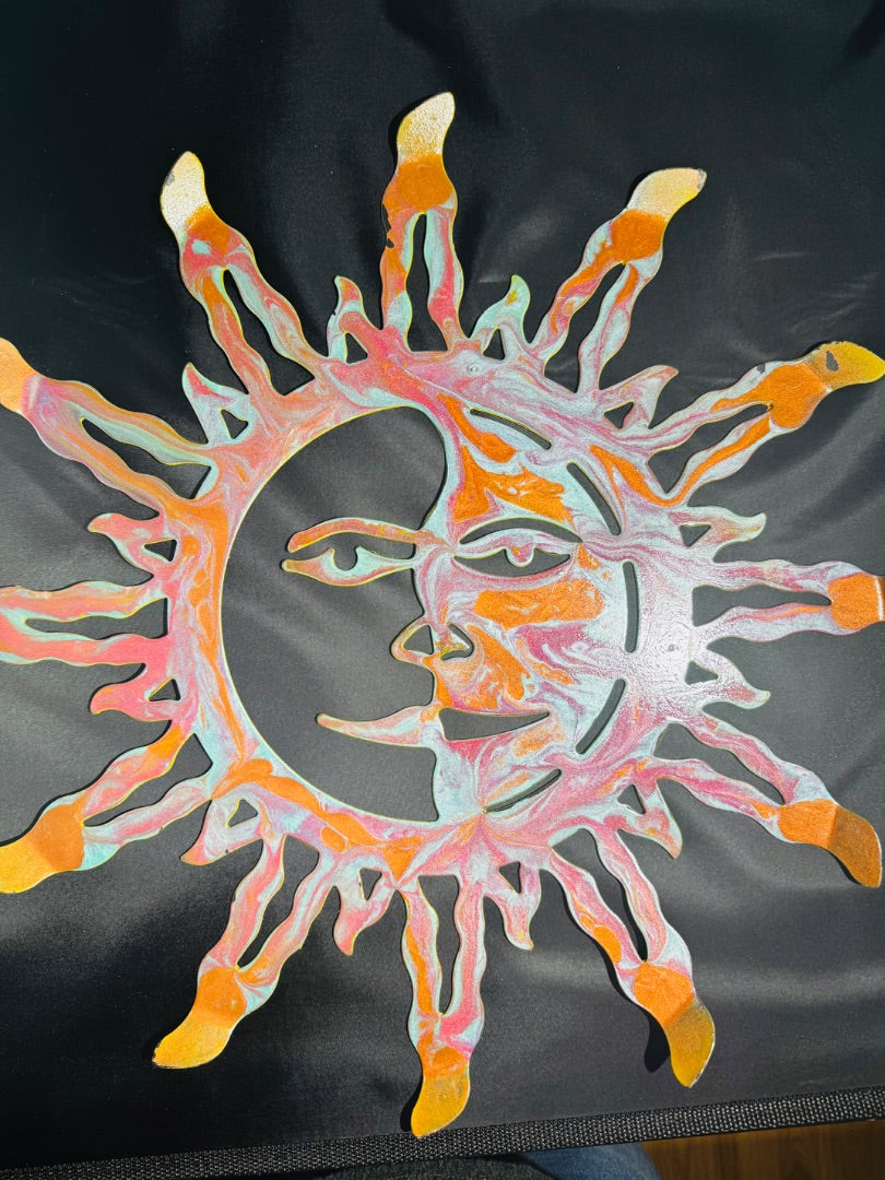 Bronze, copper and blue Acrylic Poured Metal Sun, 17inched X 17inches
