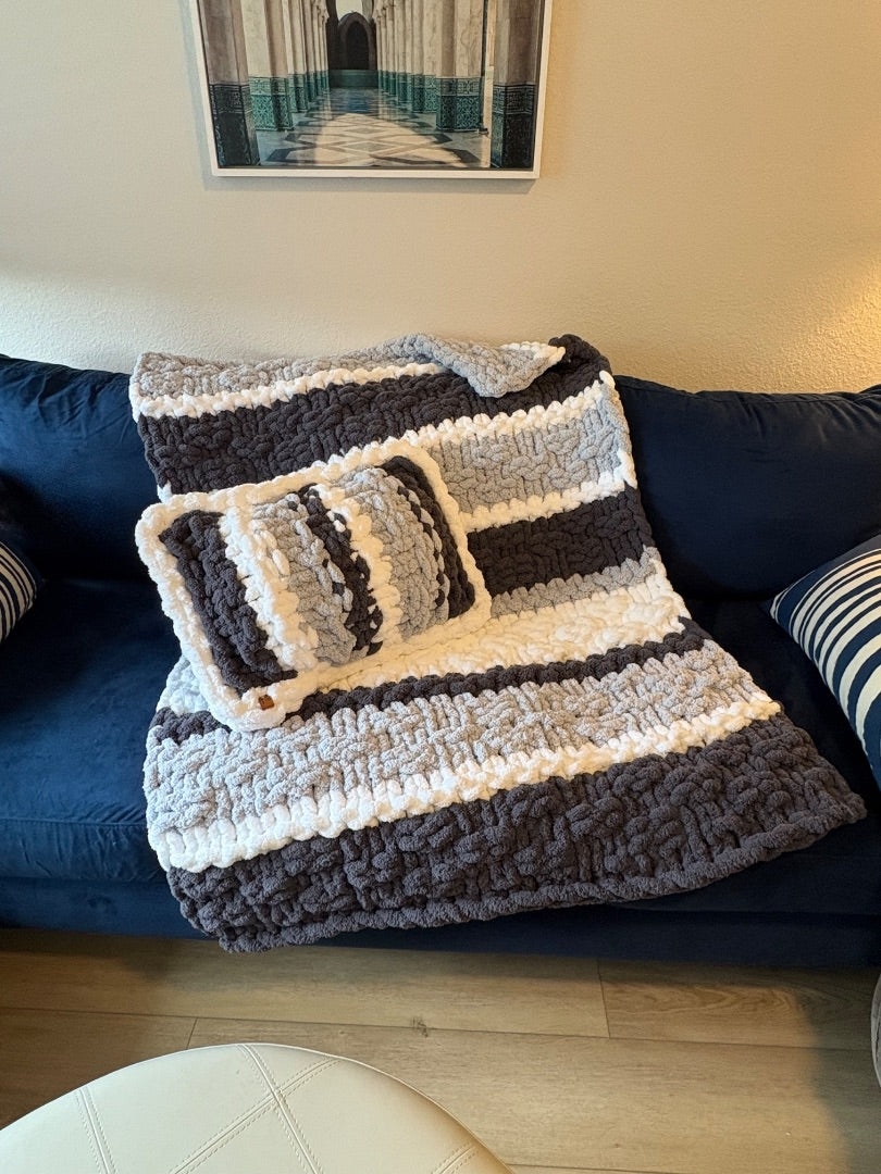 Gray blue white with matching pillow Lotus Bespoke Originals Head in the clouds chenille throw & pillow, 40 x 52