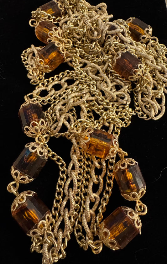 Long Goldtone w/amber beads necklace