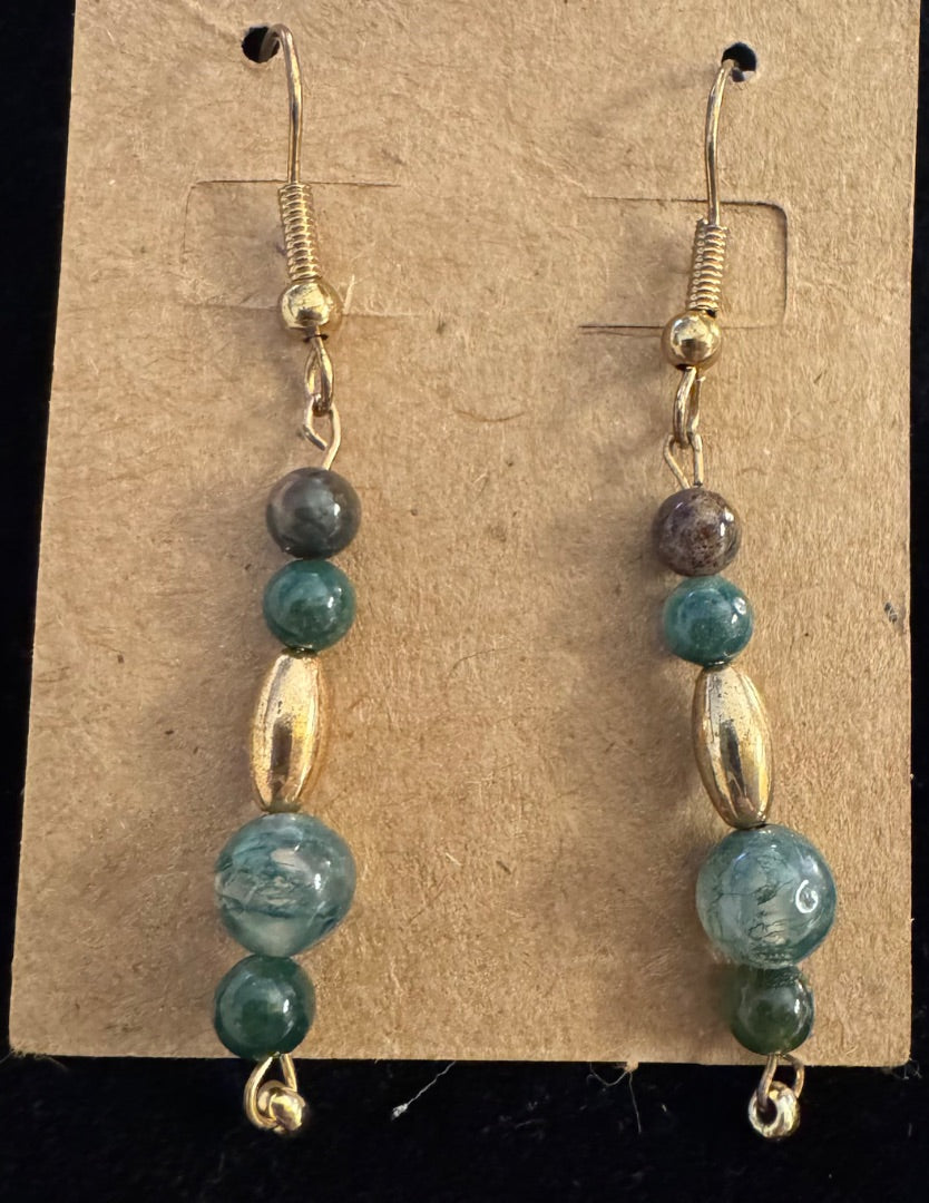 Green brown gold dangle earrings