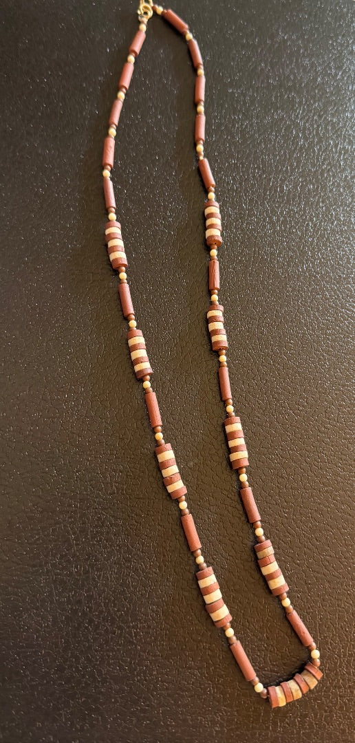 Maroon white faux wood necklace