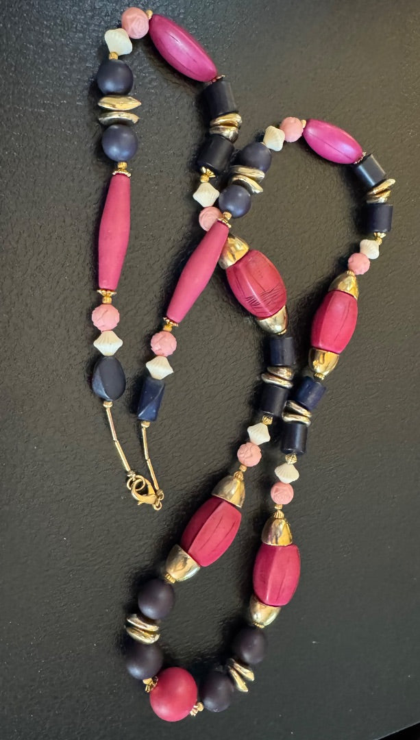 Long maroon pink white blue necklace